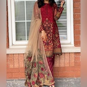 Red indian pakistani frock shalwar kameez